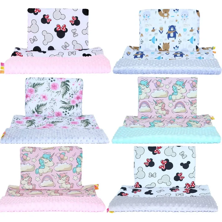 Minky Kinderwagenset -Maus Flowers Wald Einhorn - Baby Kuscheldecke Kinder Decke Kissen (Flowers + ROSA, 50x70/25x35 cm)