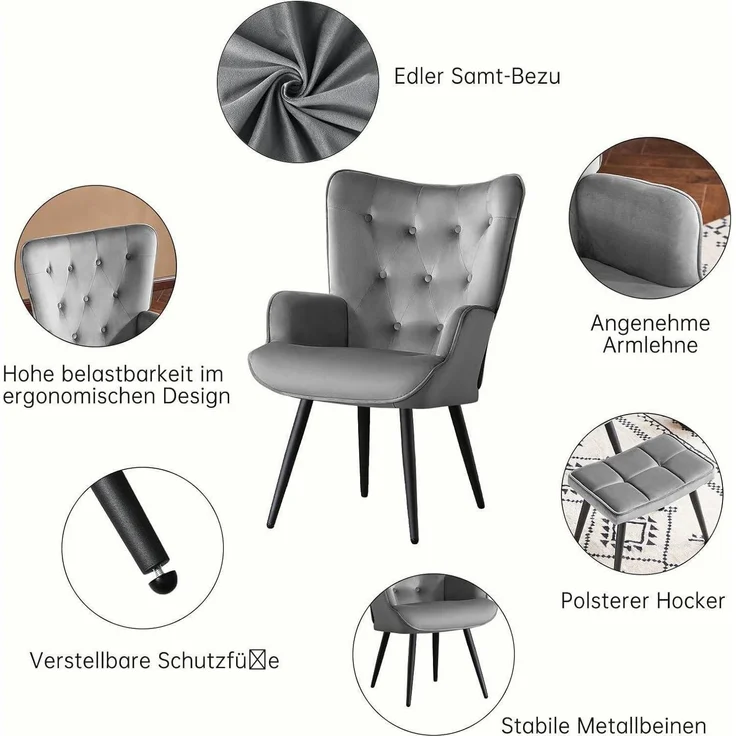 Sessel Ohrensessel Samt Relaxsessel Fußstütze mit Hocker Grau – Bild 5