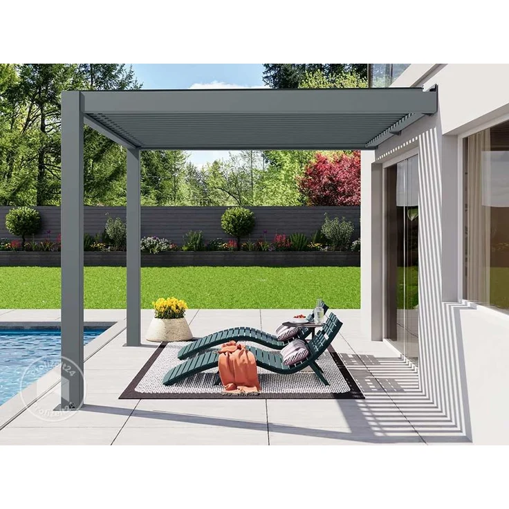 PRIMEYARD Terrassenüberdachung 3x3 m Aluminium-Pfosten mit Lamellendach aus Alu anthrazitfarbene Anbau-Pergola – Bild 2