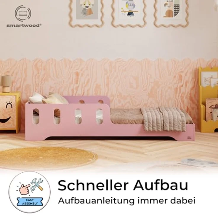 smartwood Kinderbett 70x160 cm in Rosa - Montessori Bodenbett mit Rausfallschutz & Lattenrost - Aus handbemaltem Sperrholz - Sicher für Jungen und Mädchen - Einfache Montage - TILA 6 – Bild 5