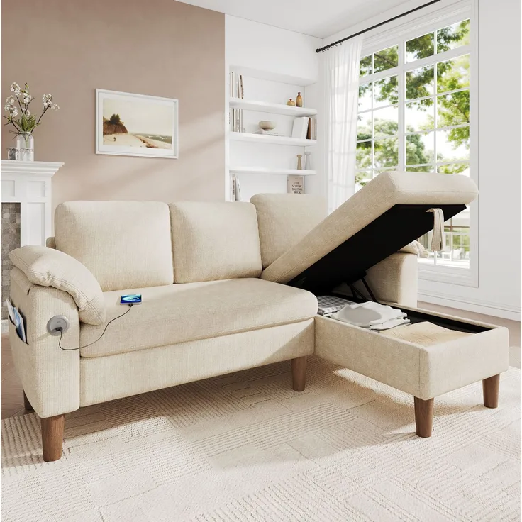 Ecksofa 181x125x88 cm in Beige mit Stauraum-Chaiselongue, USB-Anschluss und Taschenfederkern