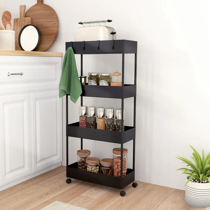 Küchenwagen mit 4 Regalen, 4 flexiblen Haken, 4 Rollen, 40 cm x 19 cm x 90 cm, Nischenwagen, Schwarz--Schwarz--40x19x90cm--YOUDENOVA – Bild 4
