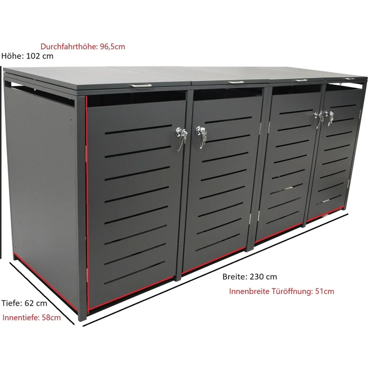 DEGAMO KÖLN Mülltonnenbox 4-er, Stahl verzinkt, anthrazit, 230x62x102cm für 4x kleine Tonne 120 Liter – Bild 5