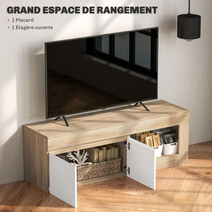 2-türiger TV-Schrank für Fernseher bis zu 60 Zoll, TV-Schrank mit Schrank und offenem Regal, Naturholz-Optik – Bild 7