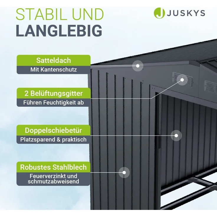 Juskys Metall Geräteschuppen XL – Dunkelgrau, wetterfest mit Fundamentrahmen, Schiebetür & abschließbar - für Garten & Aufbewahrung – Bild 5