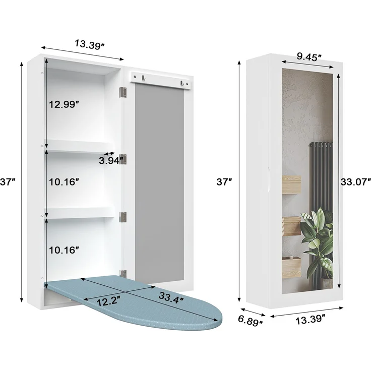 Wand-Bügelbrettschrank aus MDF mit Spiegel und Stauraum, 34x17,5x95 cm, Weiß – Bild 3