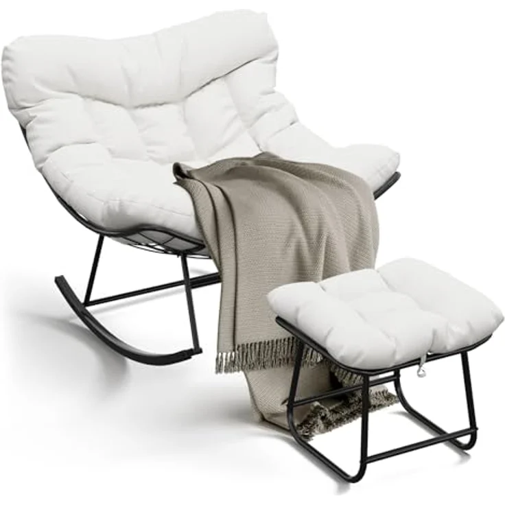 GarveeHome Schaukelstuhl Oversized mit Fußhocker, Schaukelsessel mit dickem Kissen & Metallrahmen, Relaxsessel für Poolside, Garten und Hinterhof, Tragfähigkeit – Bild 1