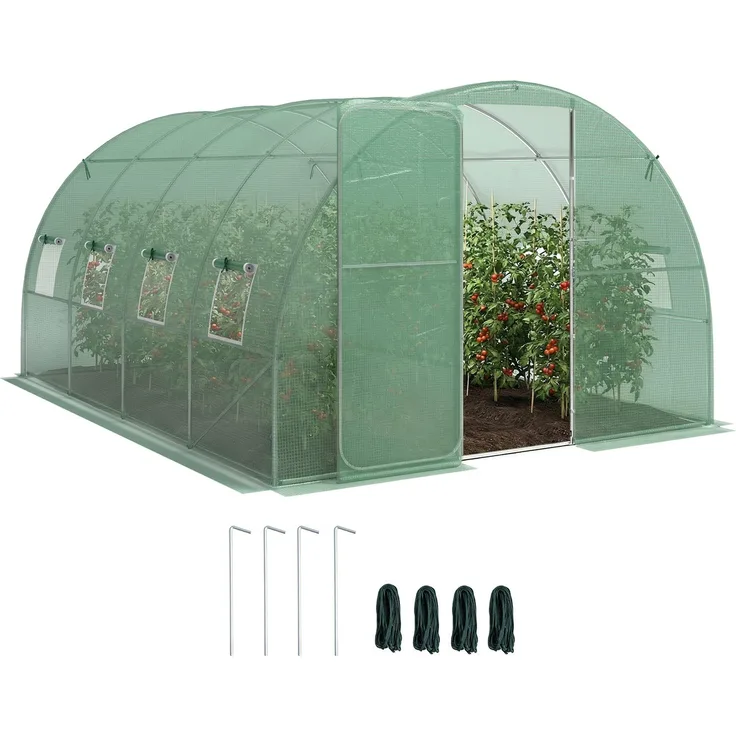MELAYR, 12 m² großes Gartentunnelgewächshaus, 295 x 400 x 200 cm, mit Tür und 8 Fenstern, 140 g/m² grüne PE-Folie, Grün