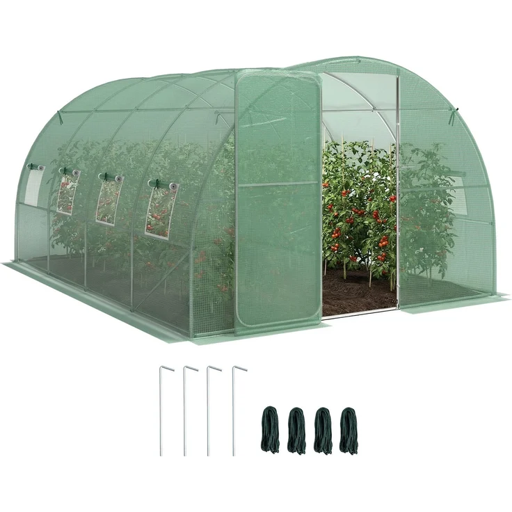 MELAYR, 12 m² großes Gartentunnelgewächshaus, 295 x 400 x 200 cm, mit Tür und 8 Fenstern, 140 g/m² grüne PE-Folie, Grün – Bild 1