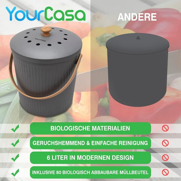 YourCasa Biomülleimer YourCasa® Komposteimer Küche - 6L - Abwaschbarer Biomülleimer & Deckel, Fassungsvermögen 6L – Bild 8