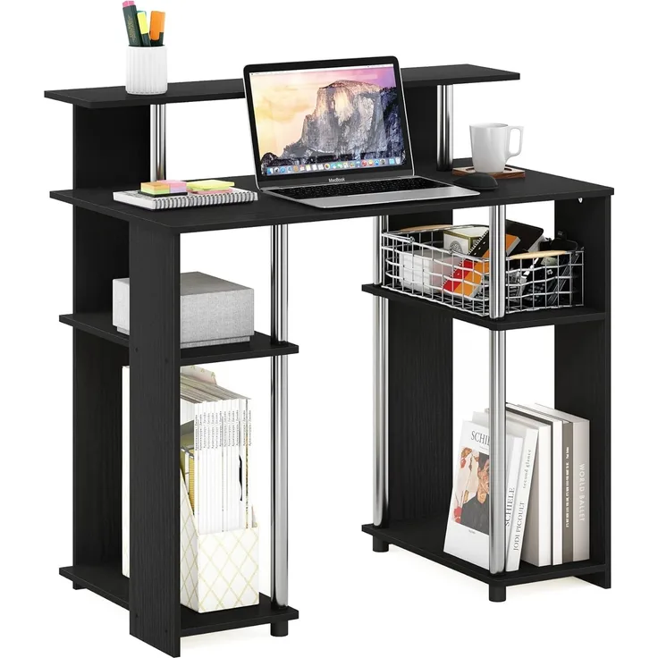 Furinno Jaya Computerschreibtisch im schlichten Design, Americano, Edelstahlrohre