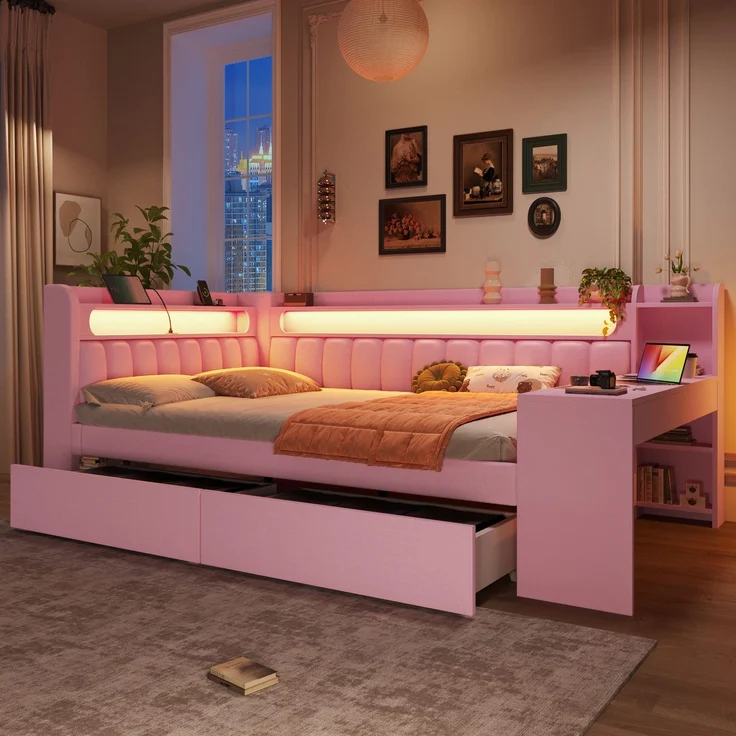 Stauraumbett mit gepolstertem Kopfteil, Schreibtisch und LED-Beleuchtung (140x200cm, Lattenrost, Regal, Schubladen, USB und Type-C), Doppelbett – Bild 4