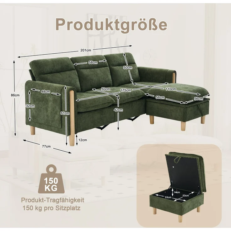 DESVIAE Sofa 3-Sitzer mit Stauraumhocker und Seitentaschen 201x77x86 cm Chenille Grün – Bild 10