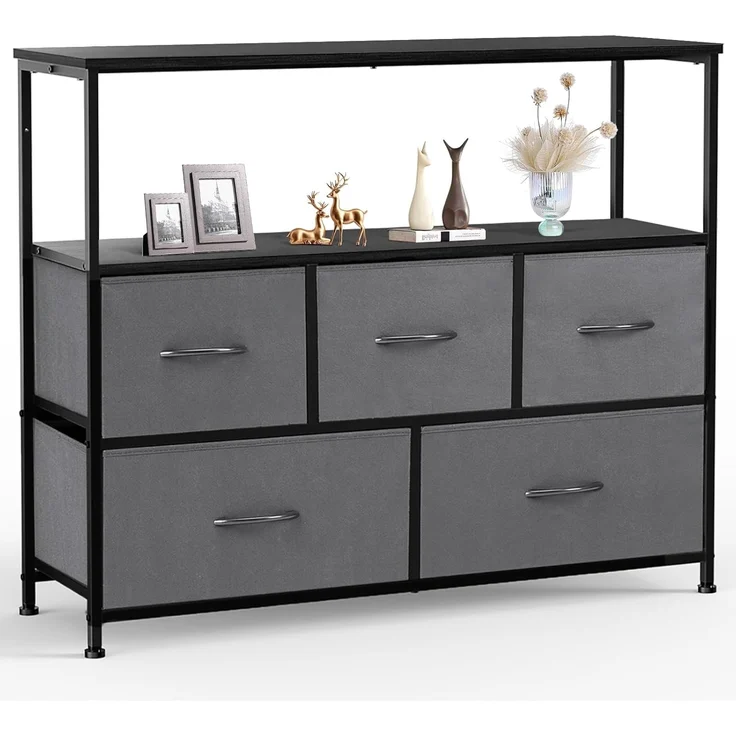 Sweetcrispy Kommode,TV Schrank Stand für Schlafzimmer mit 5 Stoffschubladen,Sideboard Wohnzimmer für 115cm TV,Einstellbare Füße Schubladenschrank,Komodenschrank für Schlafzimmer,Modernes Grau – Bild 1