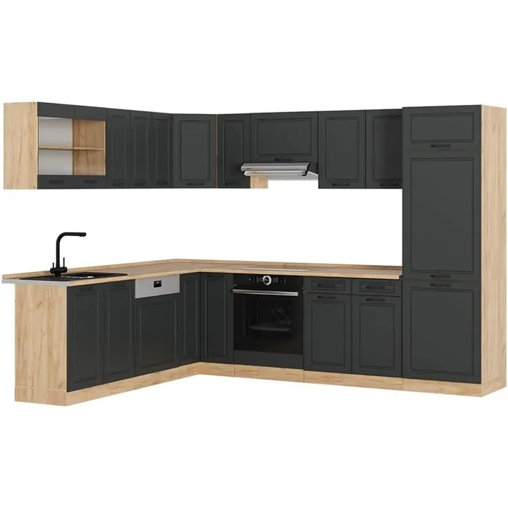 Eckküche R-Line Anthrazit Landhaus/Goldkraft Eiche 287 x 227 cm, AP Eiche Vicco