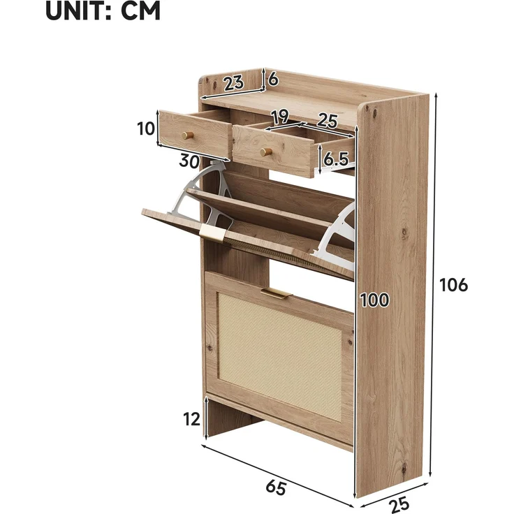 ZUBALIYA Schuhschrank (65 x 25 x 106 cm), 2 Klappfächer und 2 Schubladen, Fronten in Flechtoptik, Aus Spanplatte, Naturfarben – Bild 2