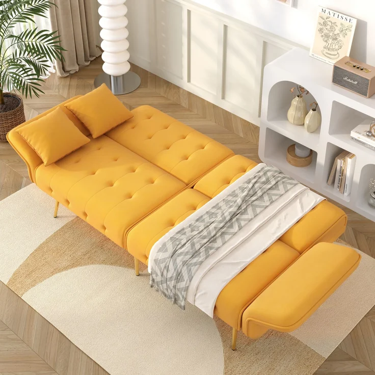 Sofabett 2-in-1 Samt,Zweisitzer mit verstellbarer Rückenlehne & Armlehnen, zum Gästebet,Gelb – Bild 5