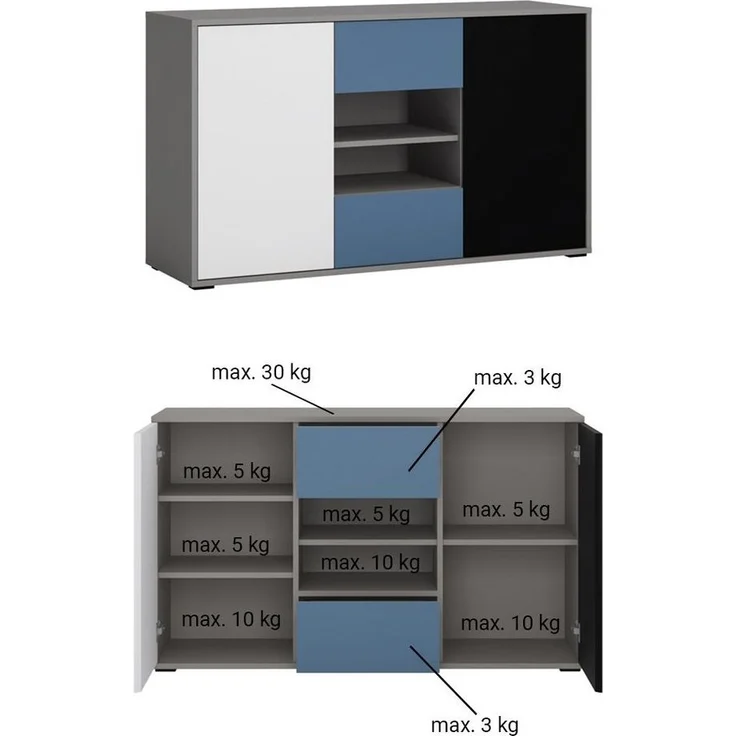 Jugendzimmer Bettgestell mit Bettschubkasten und Sideboard LIIVA-129 in grau mit schwarz, weiß, blau, B/H/T: ca. 236,7/80,5/206,1 cm – Bild 3