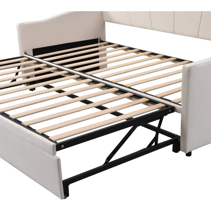 Polsterbett Ausziehbett 90/180x200 cm in Beige, Samtbezug, mit Lattenrost, Matratze nicht enthalten – Bild 10