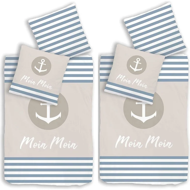 MTOnlinehandel Bettwäsche Moin Moin, 100 % Baumwolle, ideal als Partnerbettwäsche, Renforcé, 4 teilig, maritime Anker Bettwäsche gestreift – Bild 2