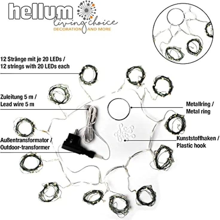 hellum LED Christbaumbeleuchtung mit Ring, Tauperlen Lichterkette Außen für Weihnachtsbaum, 12 Stränge als 1,1x2m Lichtvorhang oder 2m Dekoration, wetterfest, extrahelle LEDs – Bild 5