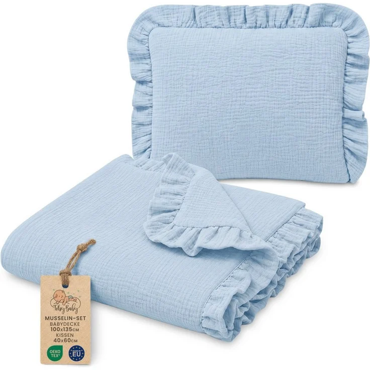 Babydecke Musselin Decke Baby Set 75x60 cm + Kissen 40x30 cm mit Rüschen, Totsy Baby – Bild 1