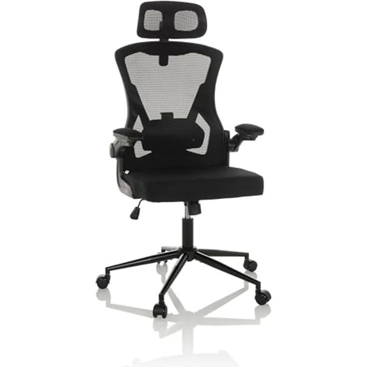 MID.YOU Drehstuhl Schwarz, Textil, 360° drehbar, ergonomische Rückenlehne, gepolsterte Armlehnen, Arbeitszimmer, Drehstuhl 60x117-124x60 cm