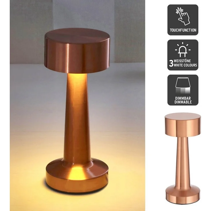 HAC24 LED Nachttischlampe 2x Metall Akku Tischleuchte Kupfer Schreibtischlampe Tischlampe, LED fest integriert, Warmweiß, Kaltweiß, Neutralweiß, mit Touchfunktion 3 Weisstöne Aufladbar Dimmbar – Bild 1
