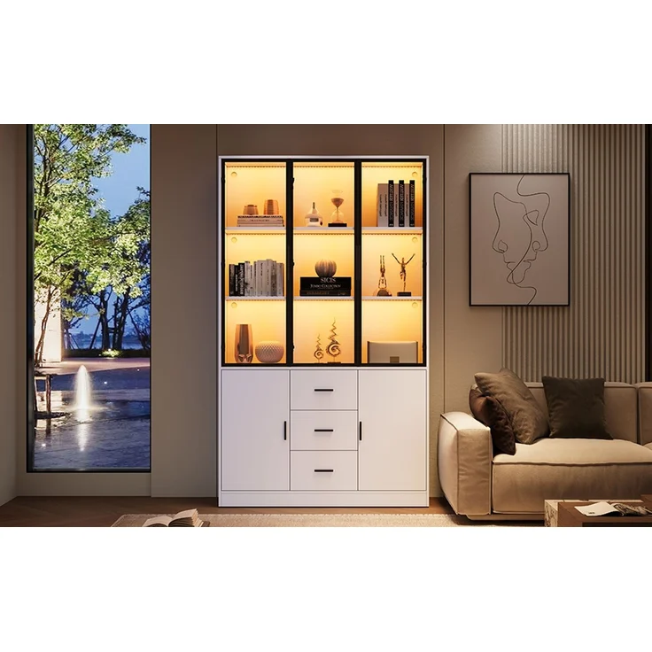 ZUBALIYA Vitrine mit Glasschrank Tür und LED-Licht, Vitrinenschrank Glasvitrine mit MultiStorage Bücherregal, Highboard Sammlervitrine mit Griff, 3 Schubladen & Türen, Wohnzimmerschrank, Weiß – Bild 24