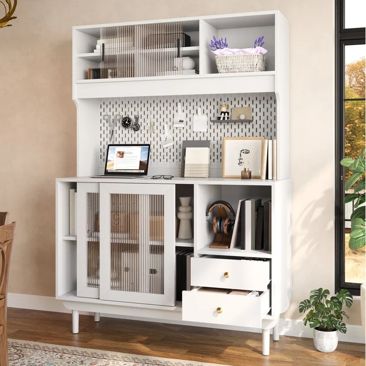 DESVIAE Sideboard Weiß aus MDF/Spanplatte – 117x170x30 cm – Riffelglas-Schiebetüren – Bild 5
