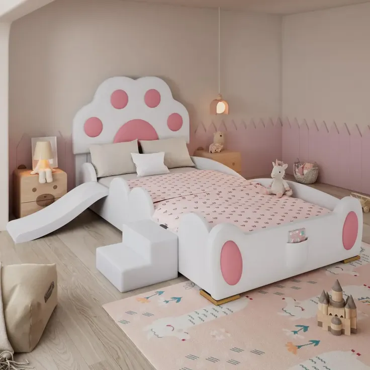 Kinderbett mit Rutsche, Treppe, gepolstertem Kopfteil und Rausfallschutz, 90x200cm, Einzelbett Polsterbett, Kunstleder