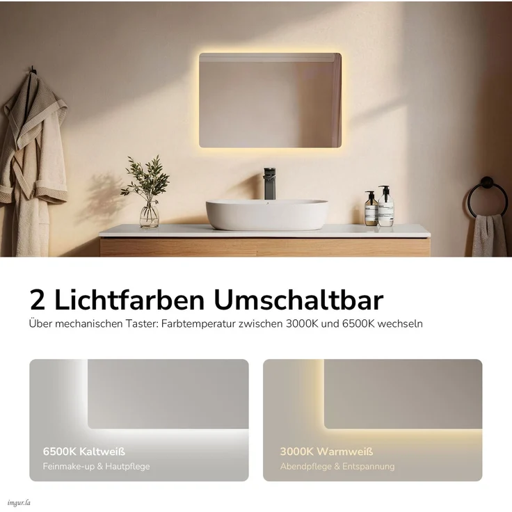 EMKE LED Badspiegel mit Beleuchtung Kaltweiß/Warmweiß Beschlagfrei 60x40cm Knopfschalter Wandspiegel – Bild 7