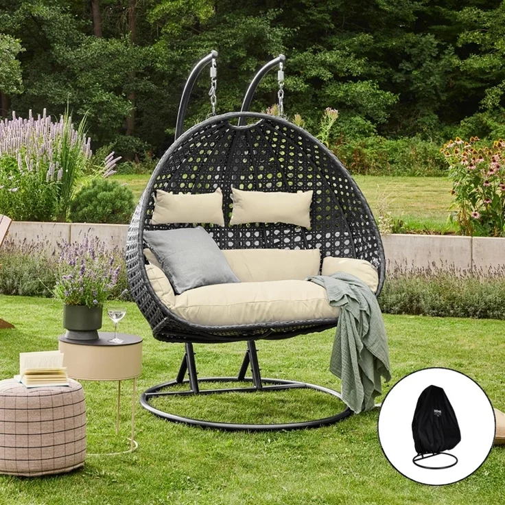 HOME DELUXE Polyrattan Hängesessel mit Regenabdeckung TWIN DELUXE - Schwarz/Creme für 2 Personen – Bild 2