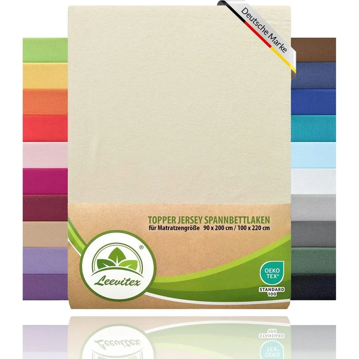 leevitex® Spannbettlaken, Premium 170g/m², Gummizug: rundum, schwer und dick, 100% Jersey-Baumwolle, Creme / Naturweiß, Topper | 90 x 200 - 100 x 220 cm – Bild 2