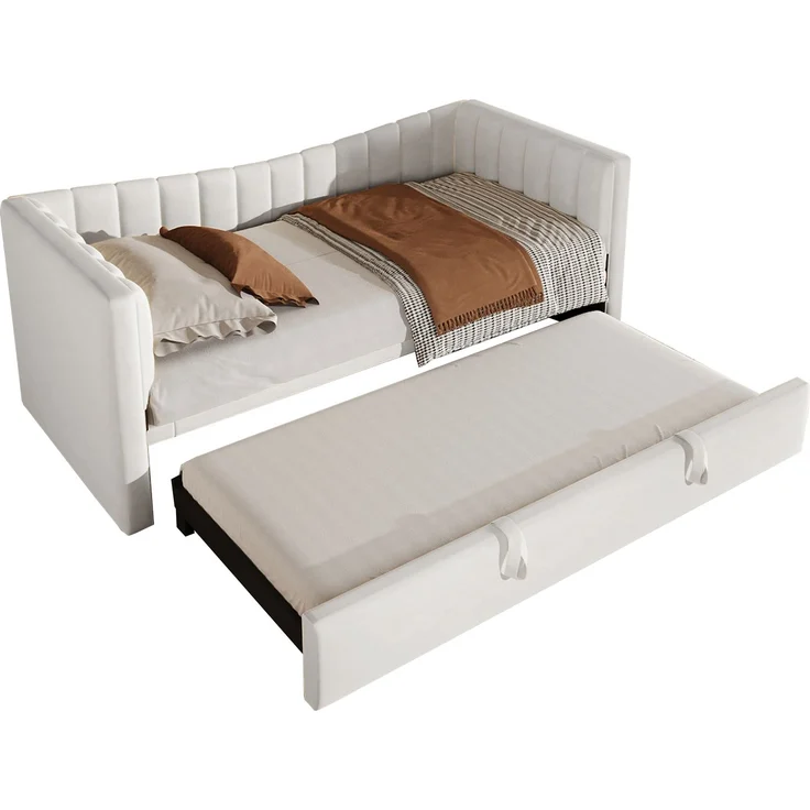 Polsterbett 90x200cm ausziehbar 180x200 cm,Samt Daybett mit ausziehbarem Rollbett, multifunktionales Gästebett in Weiß – Bild 8