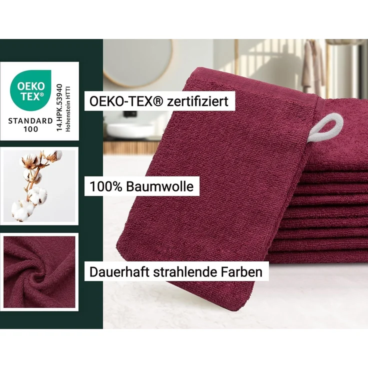ZOLLNER 10er-Set Waschhandschuhe, Baumwolle, 16x21 cm, 400g/qm, bordeaux (dunkelrot) – Bild 3