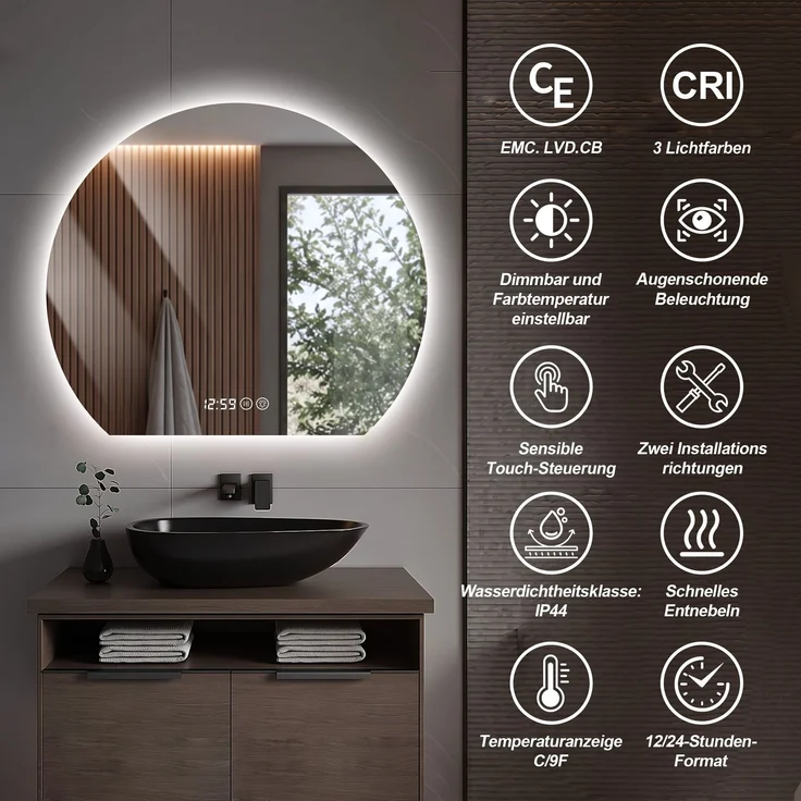 Badspiegel 80x80 cm mit LED-Beleuchtung, Antibeschlagfunktion und Anzeige, Silber – Bild 7