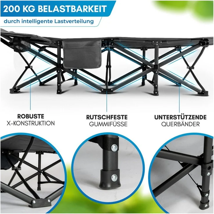 Nordmut Feldbett Klappbar mit Matratze, Campingbett Gästebett, Outdoor Erwachsene (Spar-Set, 1-St, Nordmut Kebne mit Auflage, Nachttisch & Tragetasche) mit Auflage, Tragetasche, Seitentasche, Nachttisch, 200 kg belastbar – Bild 4