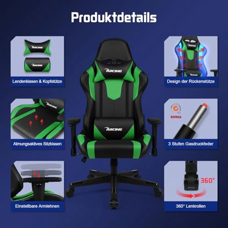 Homimaster Gaming Stuhl, Bürostuhl Ergonomisch mit verstellbare Lendenkissen, Kopfkissen und Armlehnen, Gaming Chair Gepolstert, Gamer Stuhl Wippfunktion, Gaming Stuhl 150 kg Belastbarkeit – Bild 9