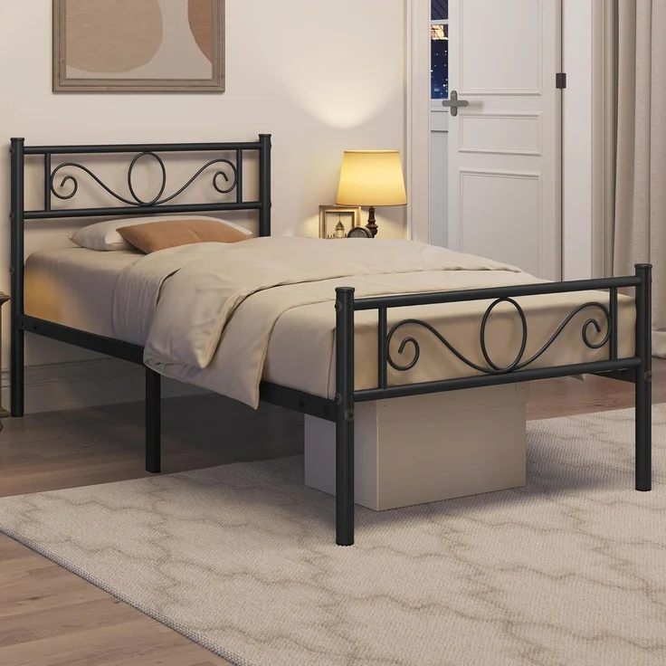 Yaheetech Bettrahmen 90x200 cm Metallbett mit Lattenrost Einzelbett/Doppelbett Gästebett Jugendbett mit Kopfteil für Schlafzimmer Gästezimmer Schwarz