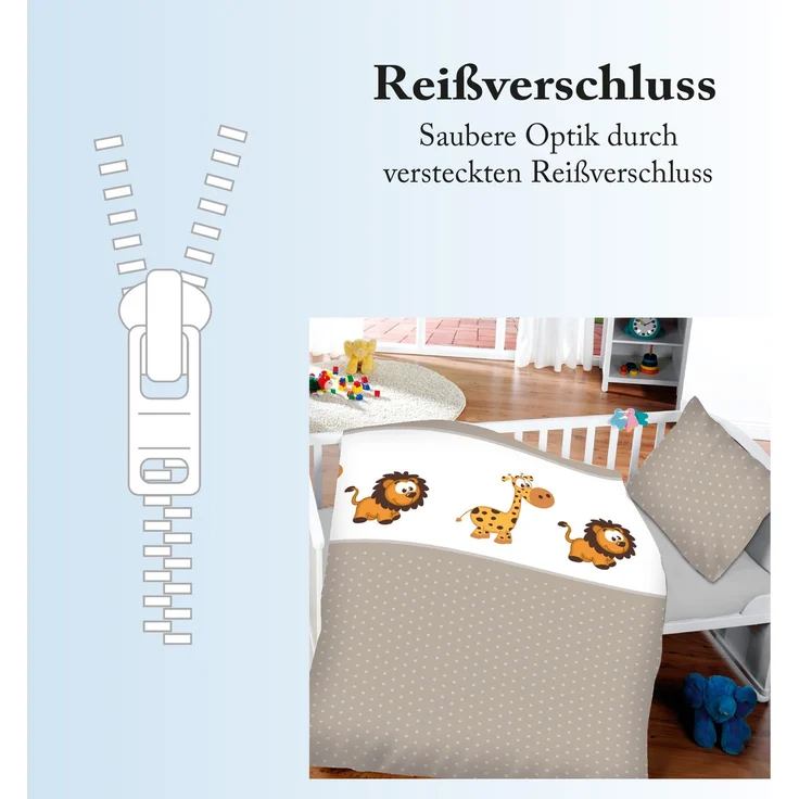 Kinder Bettwäsche 2-tlg ( 100x135cm / 40x60cm ) Bettdecken Set, 100% Baumwolle - Babybettwäsche mit Motiv Löwe & Giraffe – Bild 3