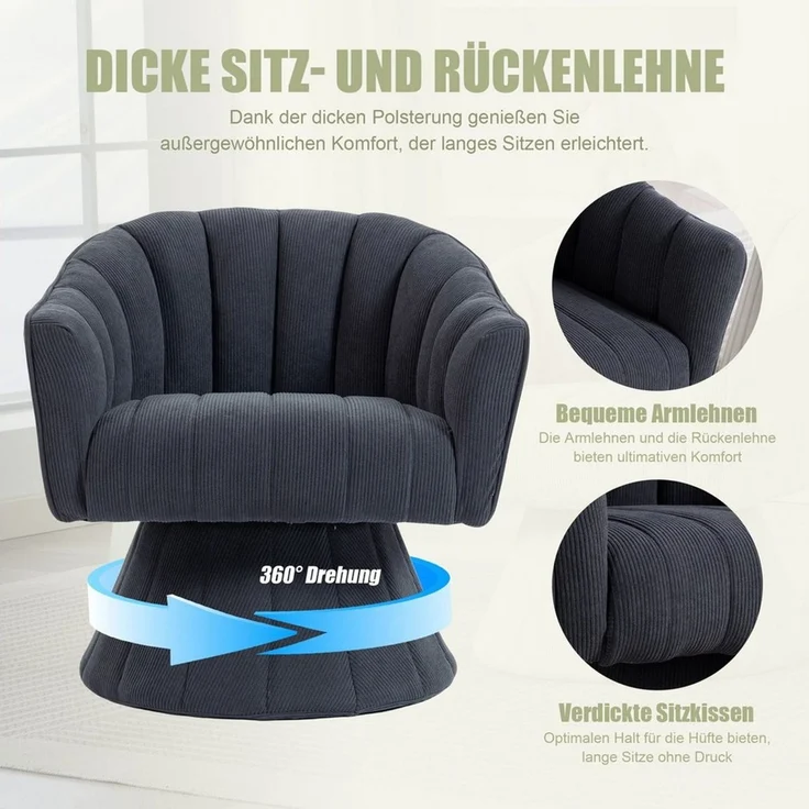 LVHOM Drehsessel Loungesessel, 360°-Drehung, Gästestuhl, runder Fuß, robust und stabil (Corduroy, dickes Sitzkissen und umlaufende Rückenlehne, ​​ergonomisch, Belastbar bis 150 kg), geeignet für Wohnzimmer, Schlafzimmer, Büros, Wartezimmer,Hotellobbys – Bild 3