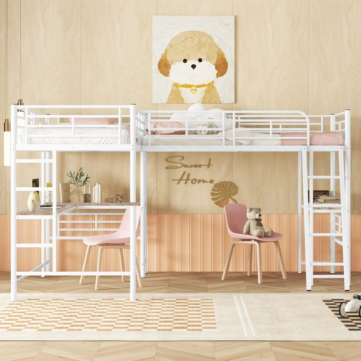 Bett 90x200 cm Hochbett mit Tisch und hohem Geländer, Metallrahmen, platzsparendes Zwei-Ebenen-Design – Bild 4