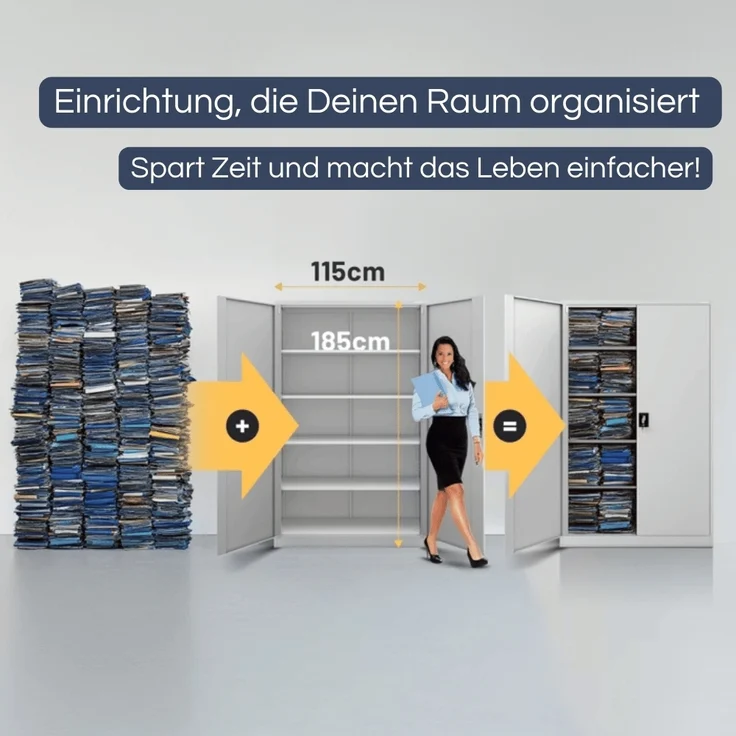 Aktenschrank abschließbar KADO - 5 Ebenen verstellbar, Flügeltüren | Metallschrank Werkstatt Mehrzweckschrank Büroschrank aus Stahl Werkzeugschrank, 185x115x40cm Grau – Bild 3