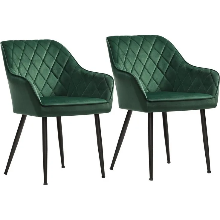 Esszimmerstuhl, 2er Set, Sessel, Polsterstuhl mit Armlehnen, Sitzbreite 49 cm, Metallbeine, Samtbezug, bis 120 kg belastbar, für Arbeitszimmer, Wohnzimmer, Schlafzimmer, grün LDC088C02