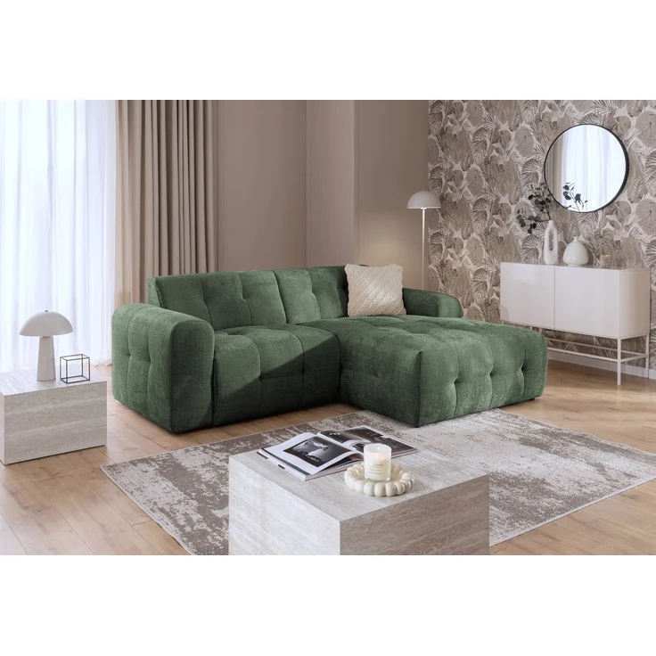 luma-home Modernes Ecksofa mit Ottomane rechts, mit markanten Steppungen, Chenille in Grün, 234 x 161 x 79cm – Bild 3