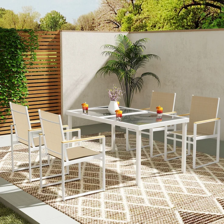 Gartenset mit rechteckigem Esstisch aus Glas und 4 Stühlen mit Armlehnen, mehrfarbig – Bild 10