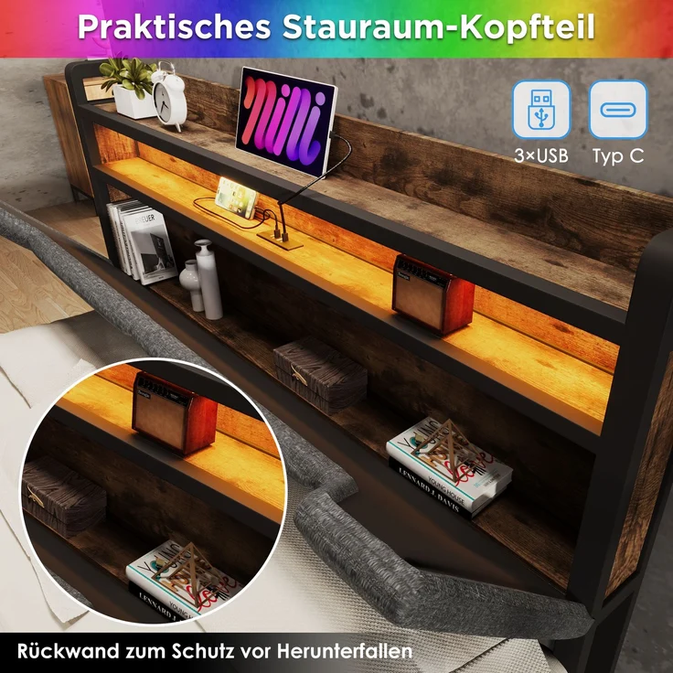 EINHOM Polsterbett mit USB Typ C Ladefunktion Stauraum-Kopfteil und LED-Beleuchtung und Schubladen, Doppelbett 140x200 Cmstauraumbetten Bettgestell mit Lattenrost aus Metallrahmen, Grau, (Ohne Matratze) – Bild 4