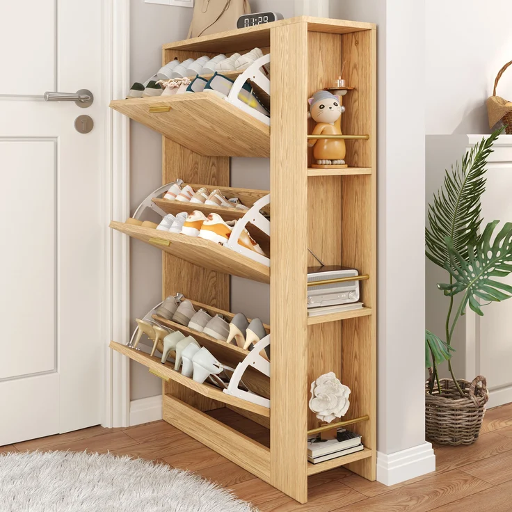 Schuhschrank, MDF in Holzoptik mit 3 Türen & offenen Fächern, 70x23,5x115 cm, Natur – Bild 2