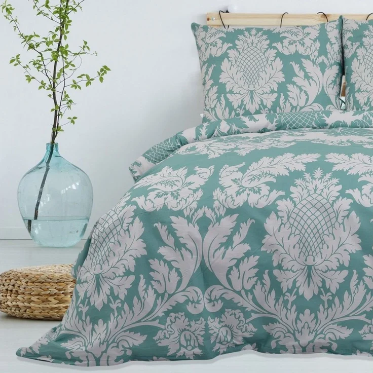 Buymax Bettwäsche, Renforcé, 3 teilig, Bettbezug-Set 200x200 cm 100% Baumwolle mit Reißverschluss Blumen Grün – Bild 1